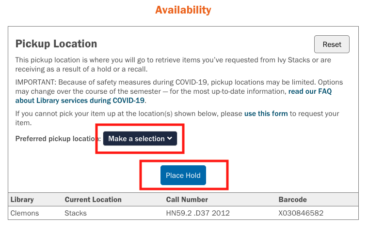 Screen shot shows Preferred pickup location box and Place Hold button