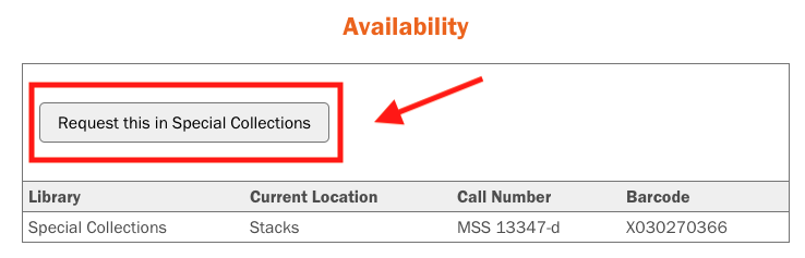 Arrow points to Request this in Special Collections