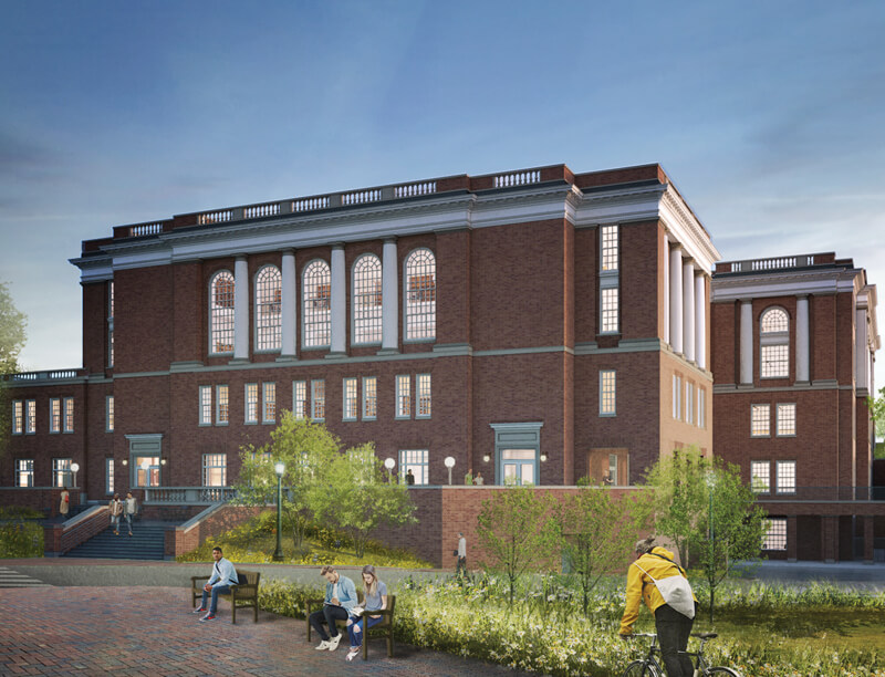 Rendering of exterior large brick and stone building with outside terraces shown at dusk