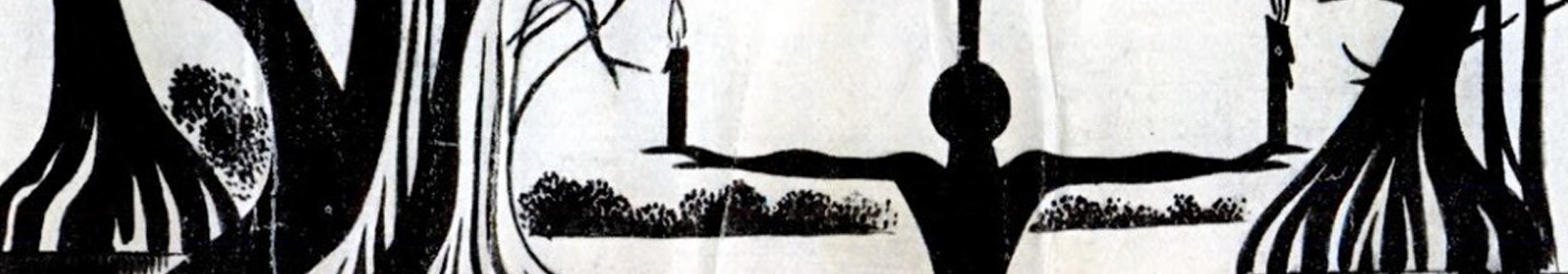 Stark drawing with heavy black lines hinting a human figure holding candles in a dark forest