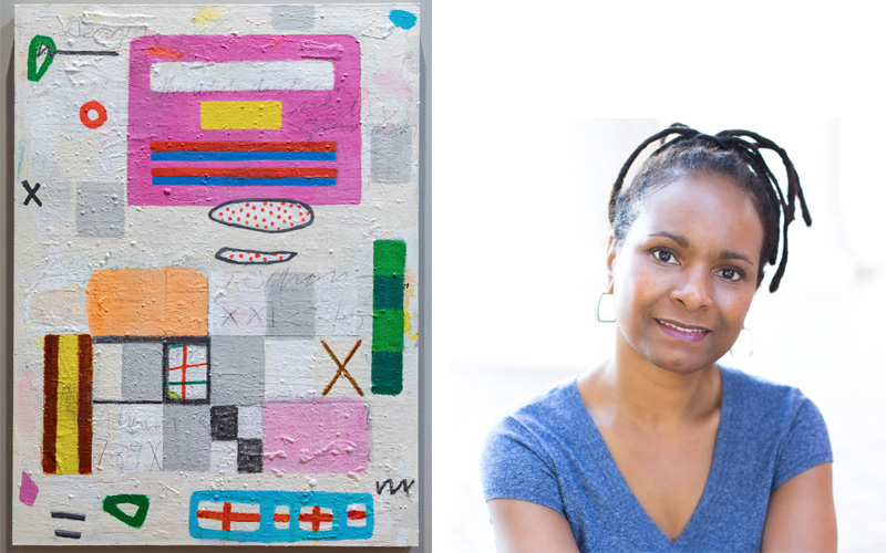 Left: A painting with color blocks and circles and Xs. Right: A person in a blue shirt smiles at the camera.