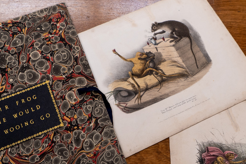 Marbled boards with a label of black with gold gilt frame and lettering next to two illustrated plates, one of which is mostly obscured. The label reads “Sir Frog He Would A Wooing Go,” and the plate that can be plainly seen shows a frog and a mouse drinking together. 