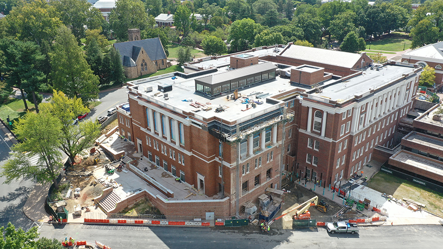 A large brick building seen from above.