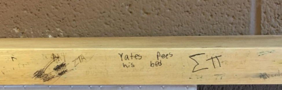 Handwriting reads: Yates pees his bed