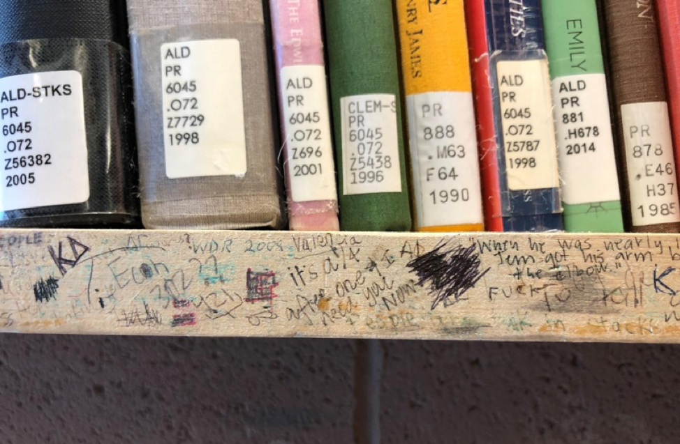 A wooden shelf thick with scribbled writing