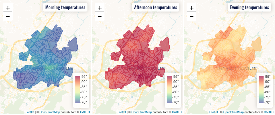 Three maps side by side show low temperatures in blue (morning temperatures), midday temperatures in yellow, and evening temperatures in red. The maps make "hotspots" visible in several places.