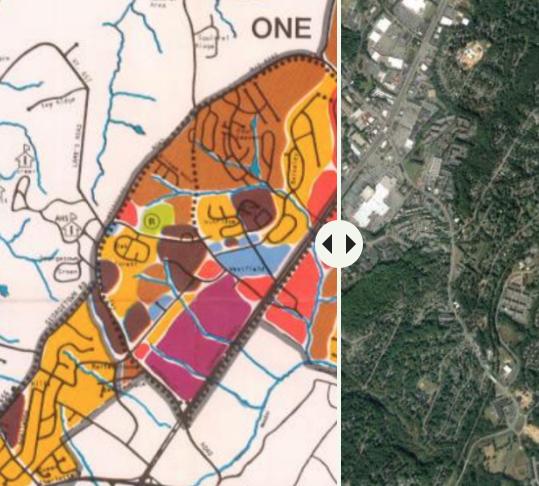 A map shows half a cartoon-colored older map and half a modern satellite view map