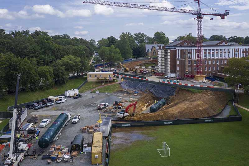 The UVA main library construction site. In the foreground are two cisterns that will collect rainwater from the main library roof.