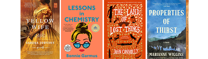Book covers for "Yellow Wife," "Lessons in Chemistry," "The Land of Lost Things," and "Properties of Thirst."