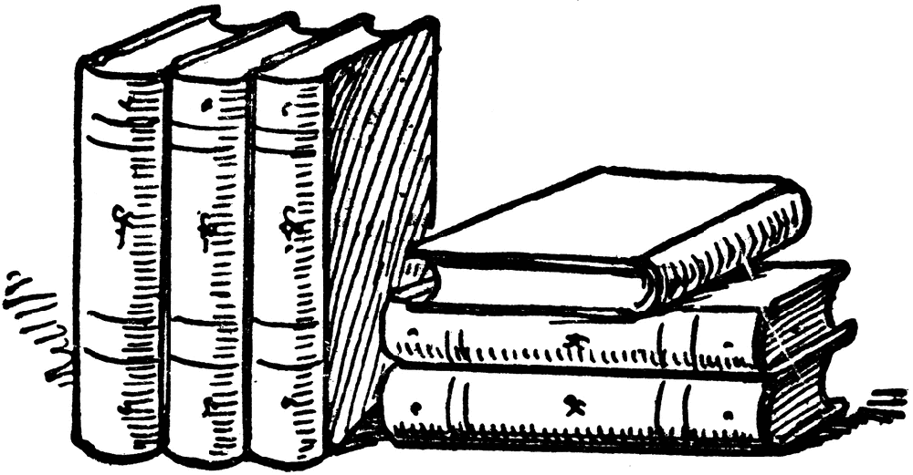 black-and-white illustration of books on a shelf