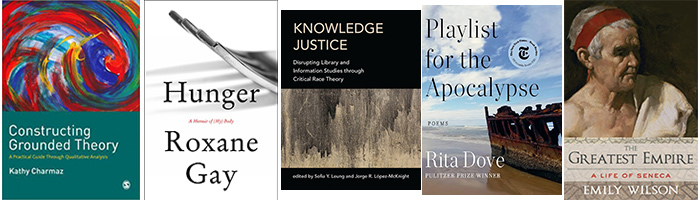 Book covers for "Constructing Grounded Theory," "Hunger," "Knowledge Justice," "Playlist for the Apocalypse," and "The Greatest Empire."