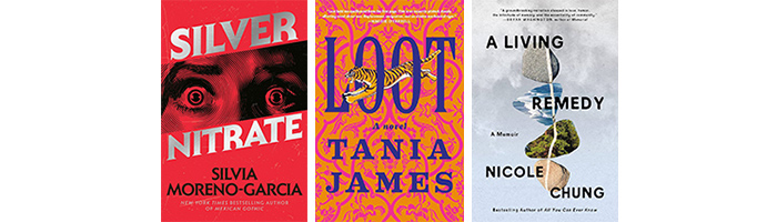 Book covers for "Silver Nitrate," "Loot," and "A Living Remedy."