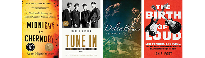 Book covers for "Midnight in Chernobyl," “The Beatles: All These Years: Volume 1: Tune In,” Delta Blues," and “The Birth of Loud."