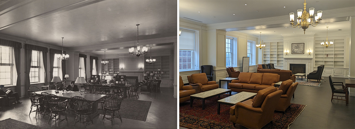 On the left, a black-and white image of a library room with large, single-hung windows affized with heavy curtains, several large study tables, built-in bookshelves, a Persian rug and several chairs and couches. Brass light fixtures hang from the ceiling. Young men in 1930s dress study in the room. On the right, a color photograph of the same room today. Much of the room is the same, but the curtains have been removed, the walls and floor restored, and the tables replaced with comfortable, elegant furniture. 