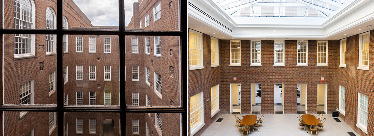 On the left, a view through a window of an exterior brick courtyard in the center of the library. The open sky is visible at the top of the photo. On the right, the same space today, now renovated to be study courts enclosed by massive skylights with new flooring and restored brick.