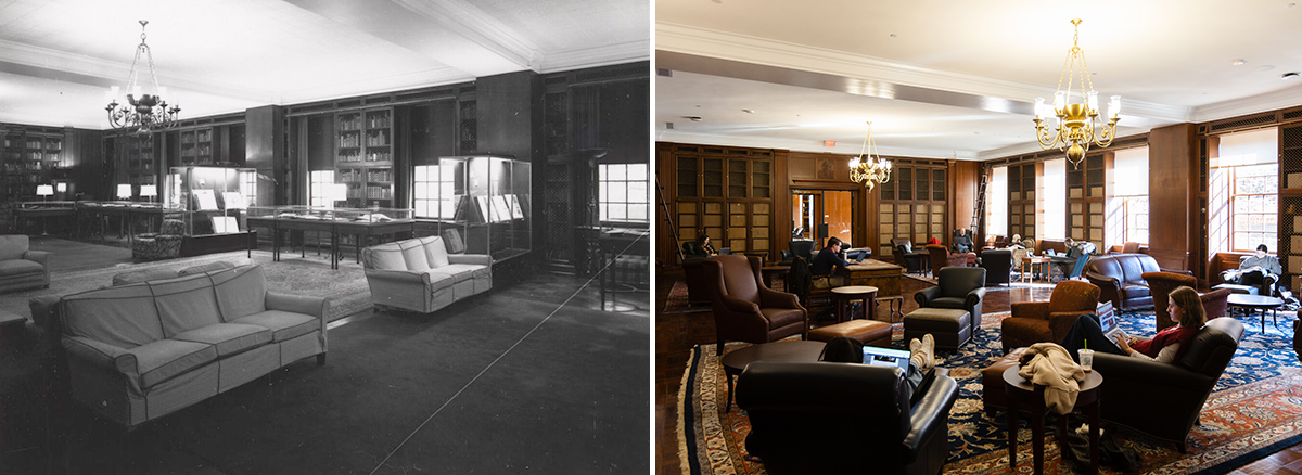 On the left, a black-and-white photo of a large library room with Persian rugs, wooden built-in bookshleves full of books, couches, and glass display cases with manuscripts inside. An ornate chandelier hangs from the ceiling. On the right, the same room in a color photograph today. The room looks much the same, but the rugs and furniture have been replaced with newer versions, and dsiplay cases are gone, and students are sitting and studying in the room.