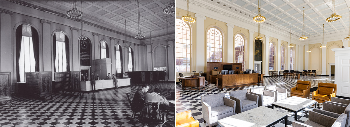 On the left: a black-and-white photo of a large room with a checkered floor, large arched windows, card catalogs, and a large desk with librarians behind it. On the right, the same room today in a color photograph. The card catalogs are gone and the reference desk is now circular and to the left. A lounge area with couches and chairs is towards the front of the room.