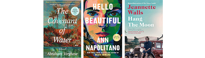 Book covers for "The Covenant of Water," "Hello Beautiful," and "Hang the Moon."