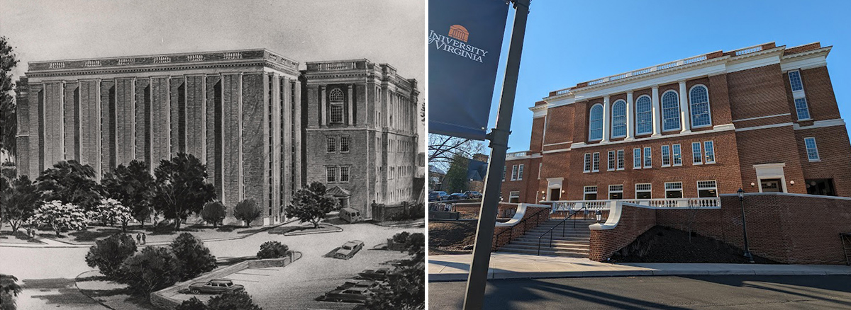 On the left, a black-and white rendering of a large building with a new wing added on the back. The nine-story addition is modernist with few windows, amde of brick. On the right, a color photograph of the same building today. The modernist wing has been removed and replaced with a new addition with large arched windows, two entrance doors to the building, and a patio out front.