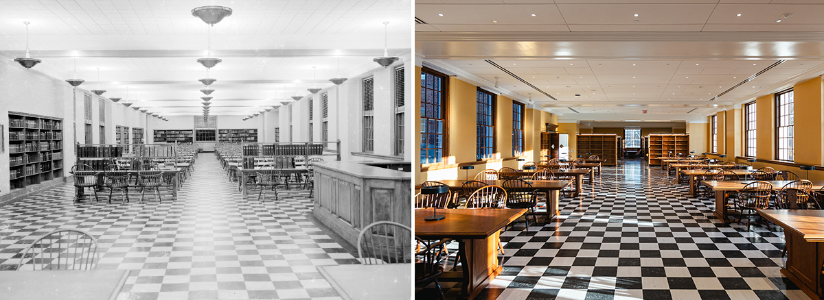 On the left, a black-and-white photo of a large room with checkered floors. Roughly 25 tables with study chairs fill the room in parallel rows. Built-in bookshelves line the walls and flush-mount dome lights hang overhead. On the right, a color photograph of the same room today. The floor is the same, the furniture is similar but restored and more spread out. The bookshelves have been removed from the walls and instead are perpendicular to the walls toward the back. The dome lights have been replaced with recessed lighting in the ceiling, and natural sunlight streams through multiple windows on each side of the room.