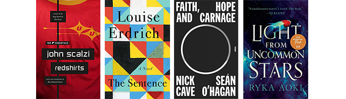 Book covers for "Redshirts," "The Sentence," "Faith, Hope and Carnage," and "Light From Uncommon Stars."