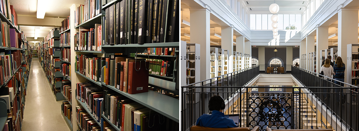 On the left, a color photograph of a long hallway of stacks filled with books. The ceiling is low with flourescent lighting. On the right, the same space, now transformed into open stacks beneath clerestory windows, with large arched windows at the back of the building. Students walk among the stacks.