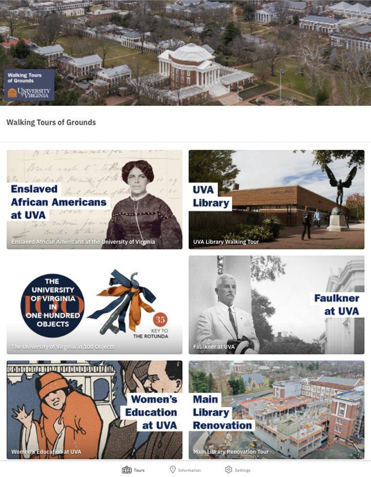 Walking Tours of Grounds app shows 6 tours: Enslaved African Americans at UVA, UVA Library, 100 Objects, Faulkner, Main Library Renovation, and Women’s Education at UVA